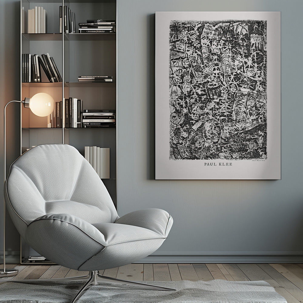 A black and white abstract print by Paul Klee titled 'Small World'. The vertical artwork is a dense, chaotic mix of small, primitive-style figures, faces, and symbols, creating a highly textured and intricate composition. The artist's name is printed below the artwork. Artwork