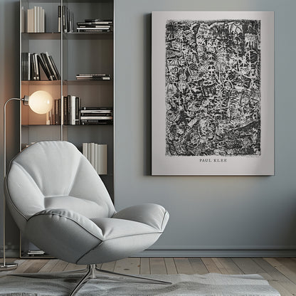A black and white abstract print by Paul Klee titled 'Small World'. The vertical artwork is a dense, chaotic mix of small, primitive-style figures, faces, and symbols, creating a highly textured and intricate composition. The artist's name is printed below the artwork. Artwork