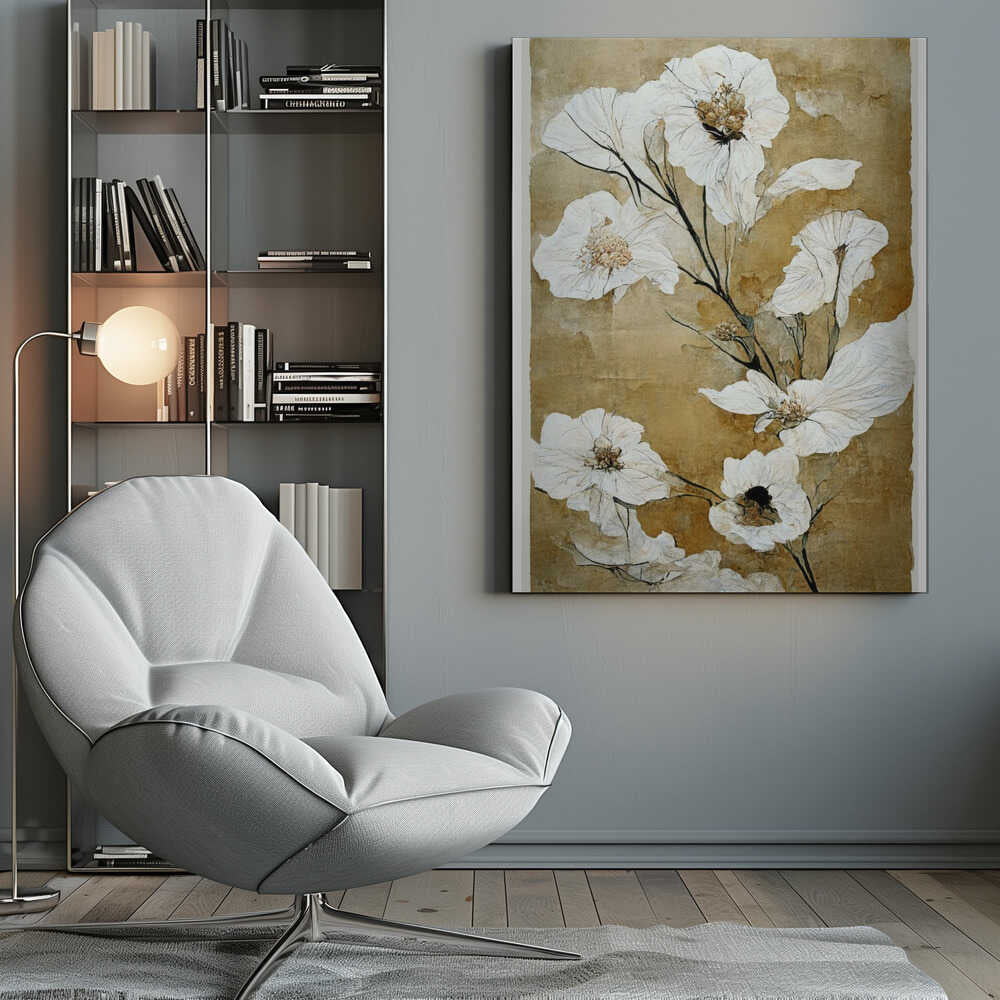 A vintage-style painting of delicate, papery white flowers with gold and brown centers on thin black stems. The background is a textured, mottled golden-brown, giving the artwork an aged, rustic feel. The piece is presented in a simple black frame. Print