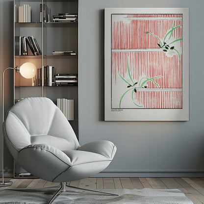 A Japanese woodblock print featuring delicate green leaves and white flowers set against a bold background of vertical red stripes on a white canvas. The artwork is framed in black and has Japanese text in the lower-left corner. Wall Art