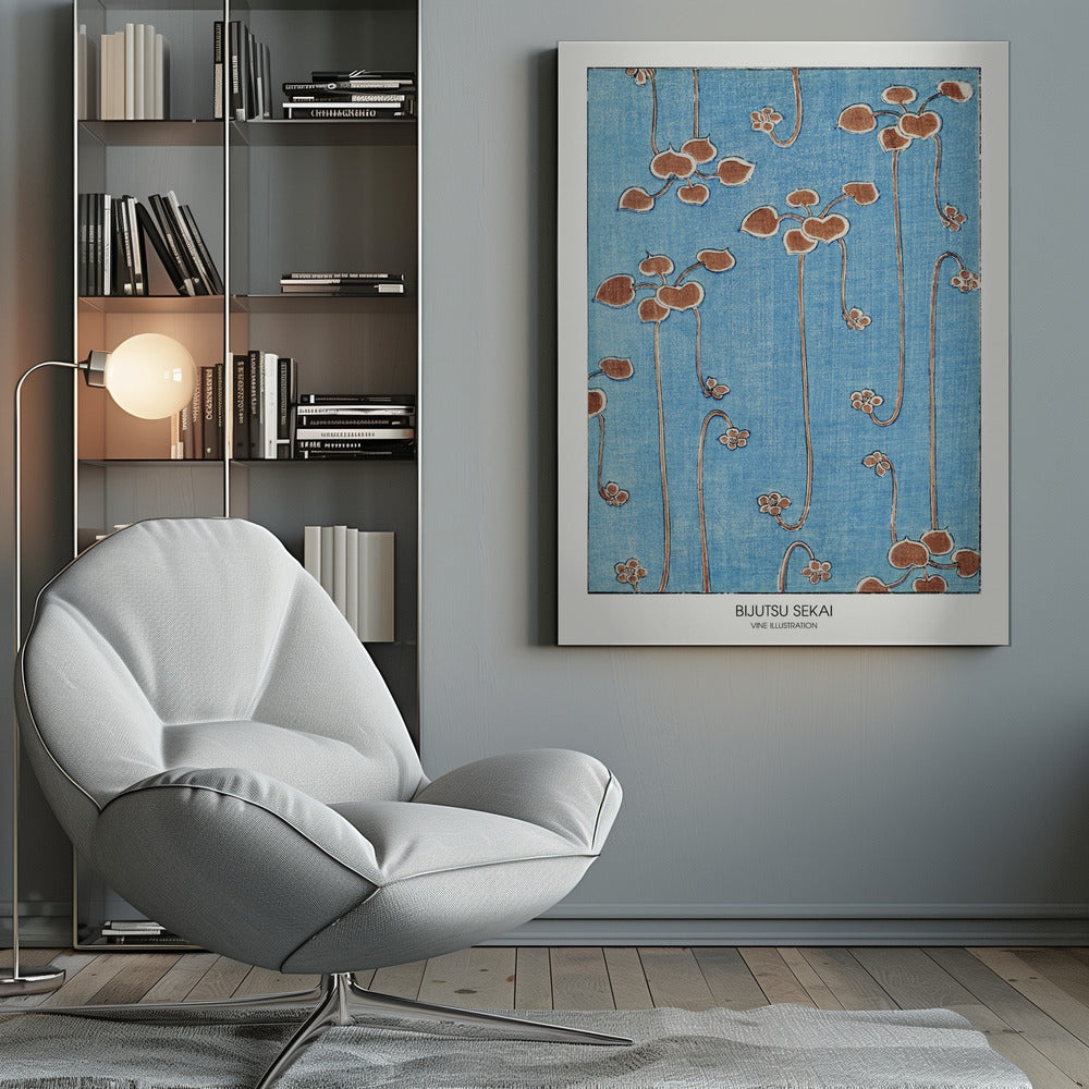 A vintage Japanese art print from Bijutsu Sekai featuring stylized brown vines with heart-shaped leaves and small blossoms hanging against a textured blue background. The print is displayed in a black frame with a white mat. Artwork