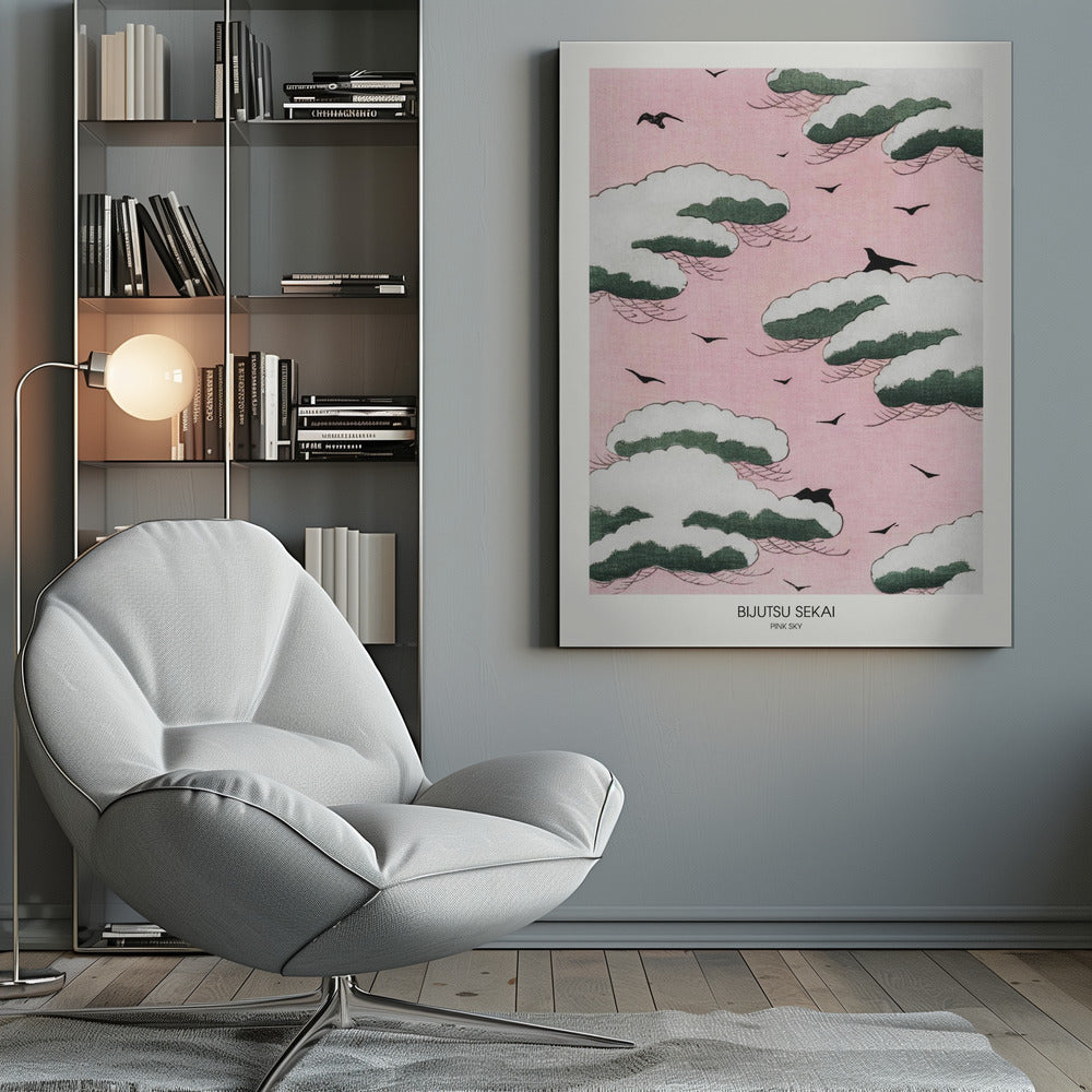 A framed Japanese art print titled 'Bijutsu Sekai Pink Sky' depicting stylized, snow-capped green and white clouds floating in a soft pink sky, with black birds flying between them. Print