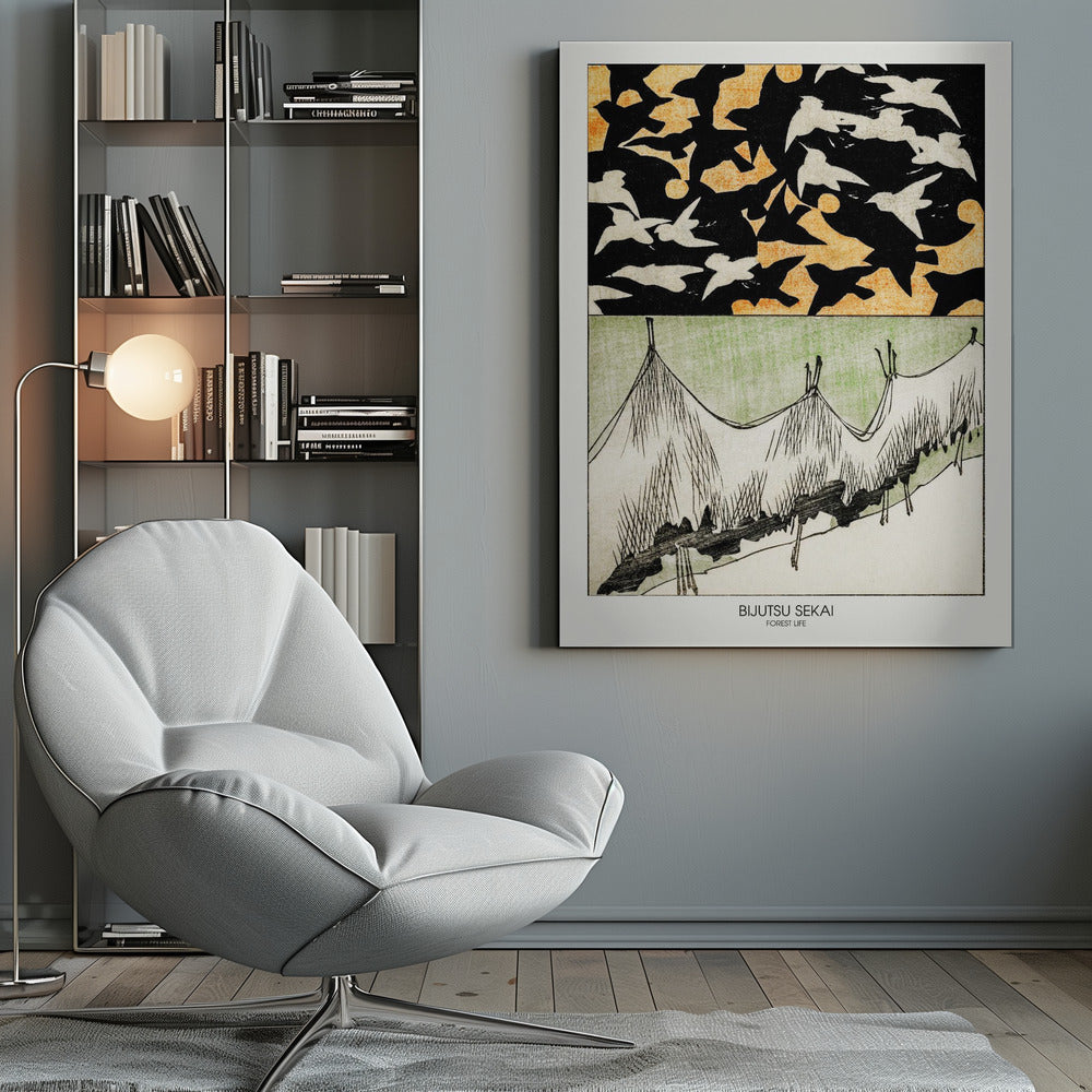 A Japanese woodblock style print titled 'Bijutsu Sekai, Forest Life'. The artwork is split into two panels: the top shows a black sky with an orange pattern, filled with silhouettes of black and white birds in flight. The bottom panel illustrates a stylized landscape of grassy hills in green, white, and black ink. Decor