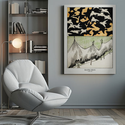 A Japanese woodblock style print titled 'Bijutsu Sekai, Forest Life'. The artwork is split into two panels: the top shows a black sky with an orange pattern, filled with silhouettes of black and white birds in flight. The bottom panel illustrates a stylized landscape of grassy hills in green, white, and black ink. Decor