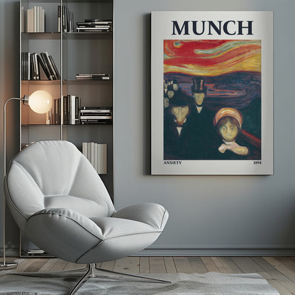 A poster for Edvard Munch's 1894 painting 'Anxiety'. It shows a crowd of ghostly, pale-faced figures in dark attire standing under a dramatic, swirling red and orange sky. The word 'MUNCH' is printed at the top, with 'ANXIETY' and '1894' at the bottom. Decor