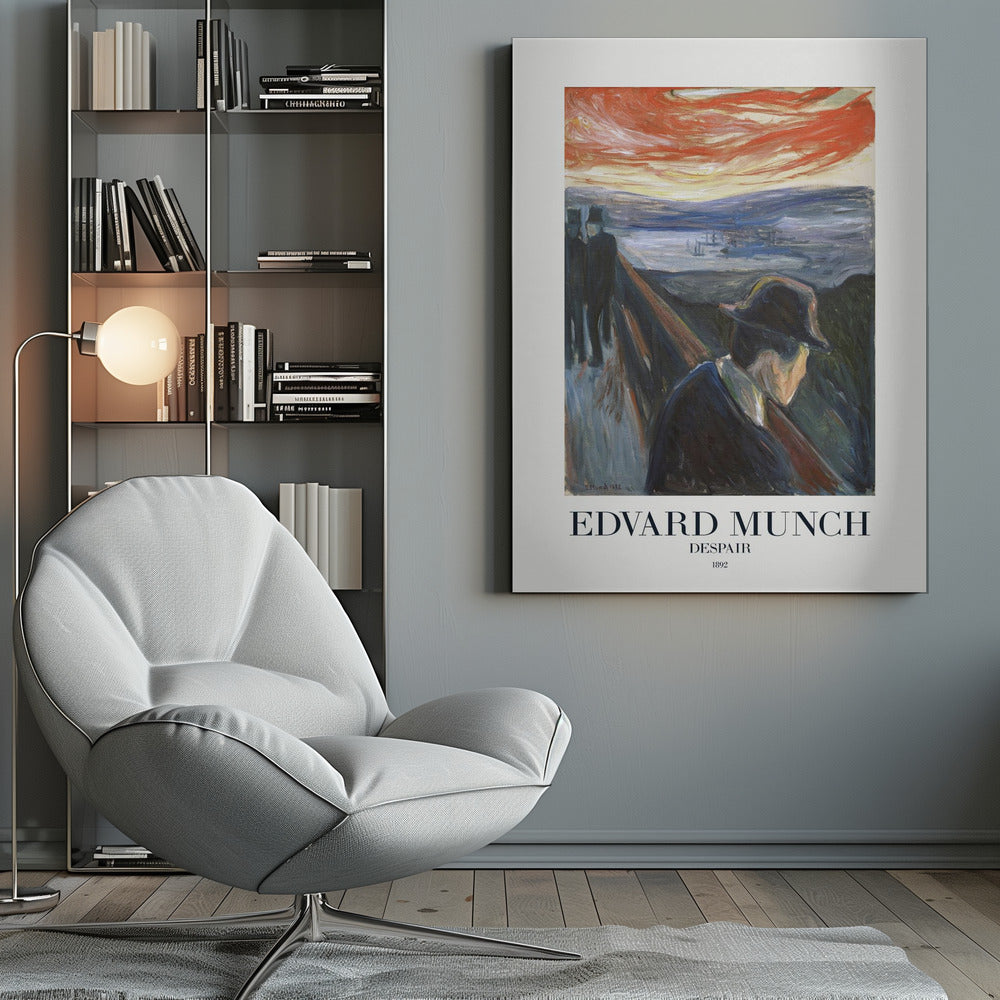 A framed art print of Edvard Munch's 1892 painting, 'Despair'. The expressionist artwork depicts a man in a dark coat and hat leaning over a bridge railing in profile, with a fiery red and orange sunset in the background. Below the image, text reads 'EDVARD MUNCH DESPAIR 1892'. Print