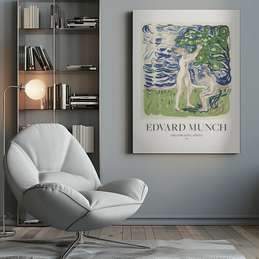 A framed poster of Edvard Munch's 1915 artwork, 'Girls Picking Apples'. The print features two nude women in a stylized landscape; one stands picking an apple from a tree, while the other sits. The art is rendered in expressive strokes of blue, green, and cream. Wall Art
