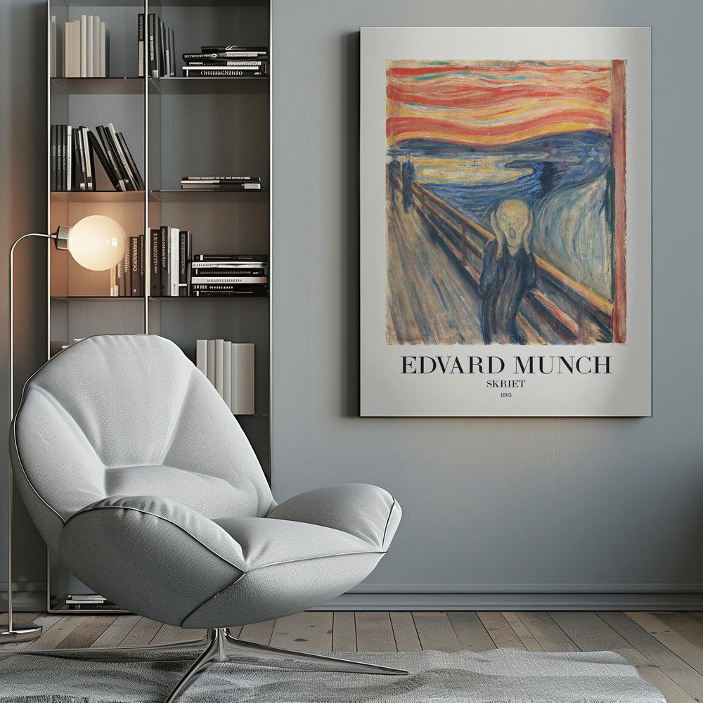 A framed poster of Edvard Munch's iconic 1893 painting 'The Scream' (Skriet). It depicts a figure with a look of anguish, hands clapped to its head, against a backdrop of a fiery, swirling orange and red sky over a dark blue fjord. The text 'EDVARD MUNCH', 'SKRIET', and '1893' is printed below the artwork. Poster