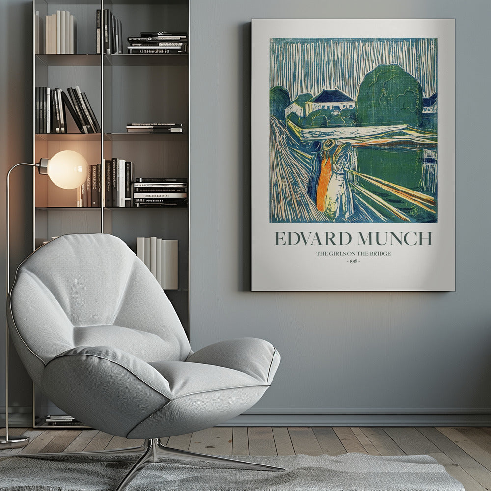 A framed poster of Edvard Munch's 1918 woodcut 'The Girls on the Bridge'. The expressionist artwork depicts three women on a bridge in a vibrant palette of green, blue, and orange, with a village scene in the background. Print