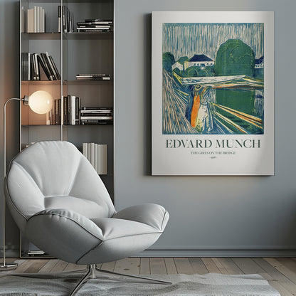 A framed poster of Edvard Munch's 1918 woodcut 'The Girls on the Bridge'. The expressionist artwork depicts three women on a bridge in a vibrant palette of green, blue, and orange, with a village scene in the background. Print