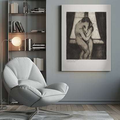 A framed black and white print of Edvard Munch's 1895 artwork, 'The Kiss.' It depicts two nude figures in a passionate embrace, their faces merging into one, standing before a window with dark curtains. Decor