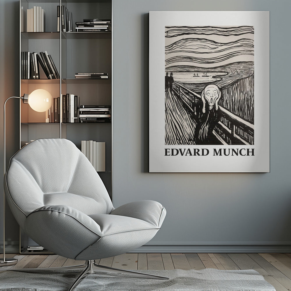 A black and white print of Edvard Munch's 'The Scream' in a black frame. The iconic artwork features a tormented figure on a bridge, screaming with hands to its head, under a swirling sky. The artist's name, 'EDVARD MUNCH', is printed below the image. Artwork