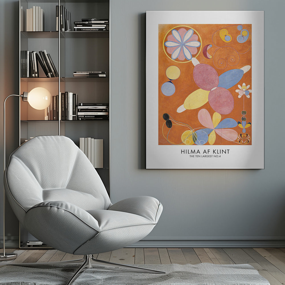 An art poster of Hilma af Klint's painting 'The Ten Largest No.4'. The abstract artwork features colorful, biomorphic and floral shapes in pink, blue, and yellow against a vibrant orange background. The poster has a white border with the artist's name and title at the bottom, all framed in black. Decor