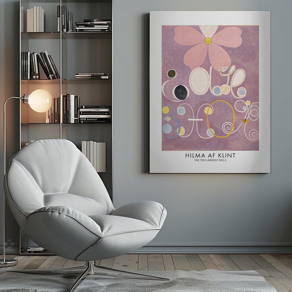 A framed art print of Hilma af Klint's painting 'The Ten Largest, No. 5'. The abstract artwork features a large pink flower at the top against a lavender background, with large, stylized white letters and symbols below, accented with circles of yellow, blue, and black. Poster
