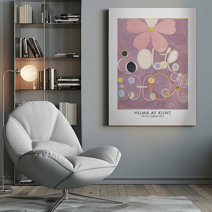 A framed art print of Hilma af Klint's painting 'The Ten Largest, No. 5'. The abstract artwork features a large pink flower at the top against a lavender background, with large, stylized white letters and symbols below, accented with circles of yellow, blue, and black. Poster