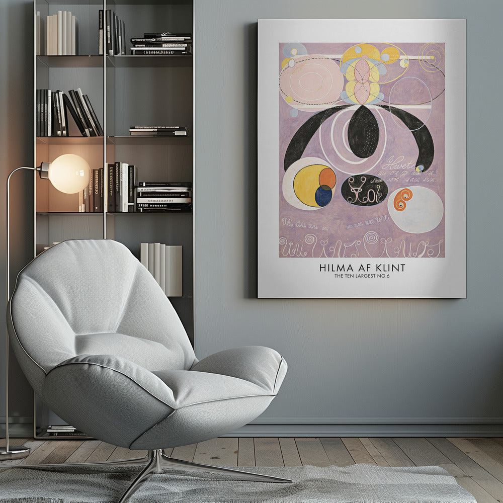 A framed art print of Hilma af Klint's abstract painting 'The Ten Largest No. 6'. The artwork features a complex composition of geometric and organic shapes, including large black forms, pink and white concentric circles, and yellow and blue patterns, all set against a light purple background with stylized text. Poster