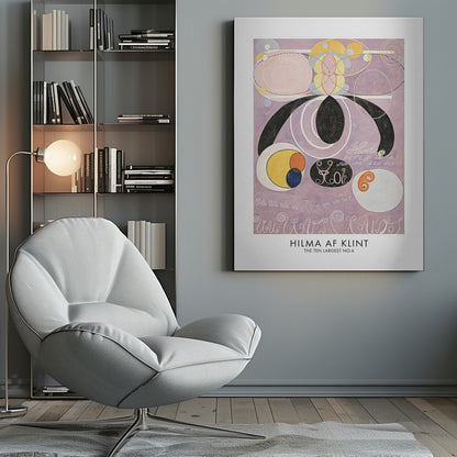 A framed art print of Hilma af Klint's abstract painting 'The Ten Largest No. 6'. The artwork features a complex composition of geometric and organic shapes, including large black forms, pink and white concentric circles, and yellow and blue patterns, all set against a light purple background with stylized text. Poster