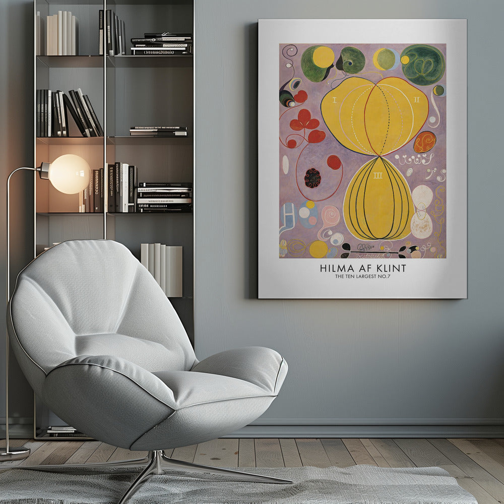 A framed art print of Hilma af Klint's abstract painting, 'The Ten Largest, No. 7.' The artwork features two large central yellow organic shapes on a lavender background, surrounded by smaller colorful forms including red clovers, green circles, and delicate spirals. Print