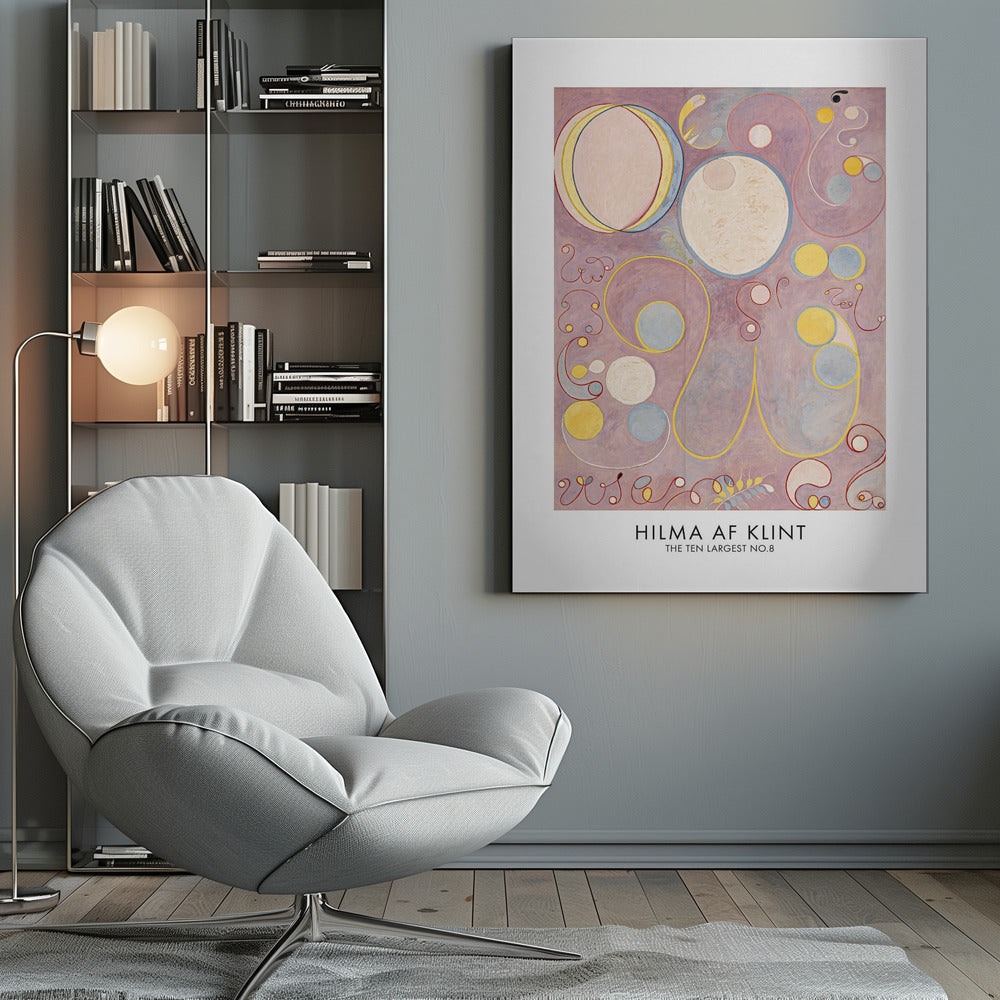 A framed art print of Hilma af Klint's abstract painting 'The Ten Largest, No. 8'. It features a collection of circles, ovals, and swirling biomorphic shapes in pastel colors like pink, yellow, and light blue set against a lavender background. Poster