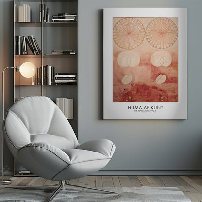 A framed art poster of Hilma af Klint's painting 'The Ten Largest No. 9'. The abstract artwork features geometric and biomorphic shapes on a textured pink and deep red background. Two large, complex circular patterns dominate the top half, while intersecting ovals and other symbolic forms are arranged below. The artist's name is printed at the bottom. Wall Art