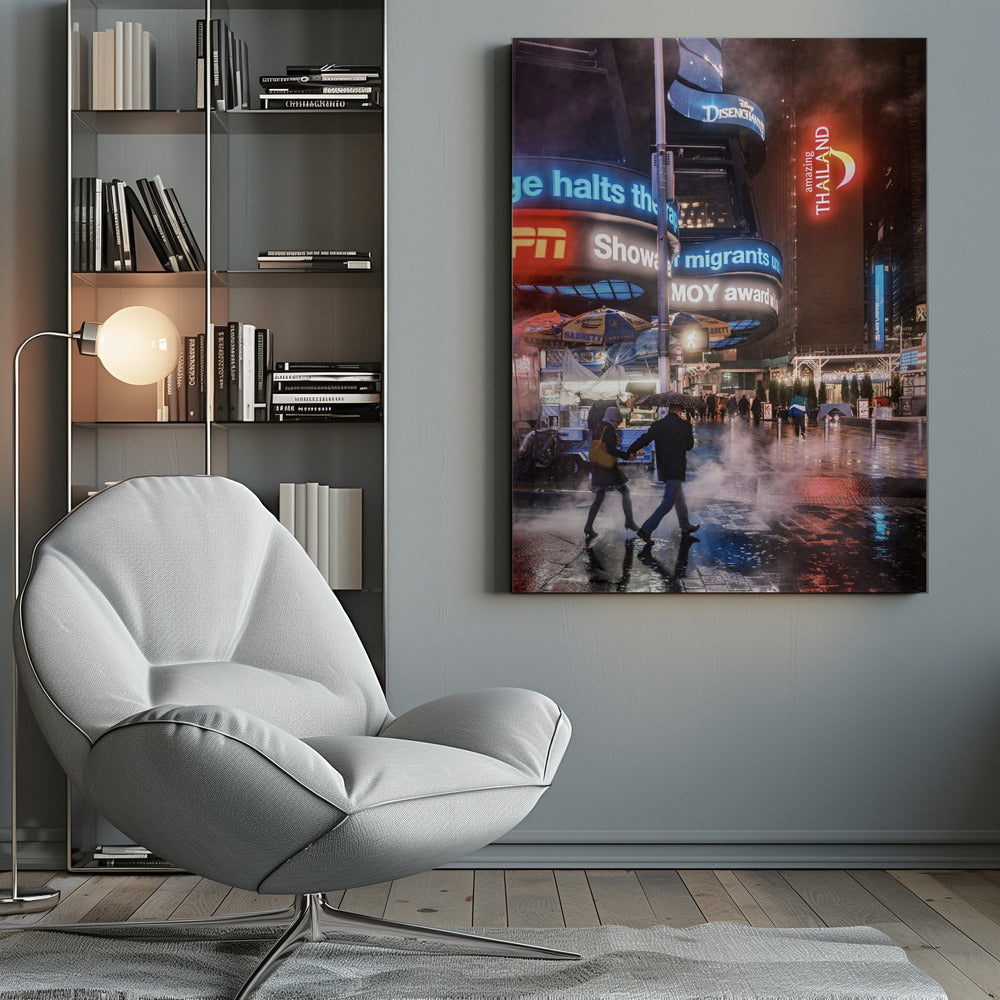 A couple walks hand-in-hand under an umbrella on a rainy night in a bustling city square. Steam rises from the wet pavement, which reflects the vibrant blue, red, and white lights from massive digital billboards on the surrounding buildings. Wall Art