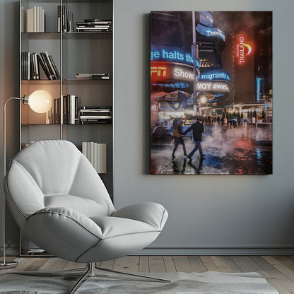 A couple walks hand-in-hand under an umbrella on a rainy night in a bustling city square. Steam rises from the wet pavement, which reflects the vibrant blue, red, and white lights from massive digital billboards on the surrounding buildings. Wall Art