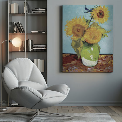 A framed reproduction of Vincent van Gogh's famous 'Sunflowers' painting, featuring three large yellow sunflowers in a green vase against a light blue background, painted in his iconic post-impressionist style with thick brushstrokes. Wall Art