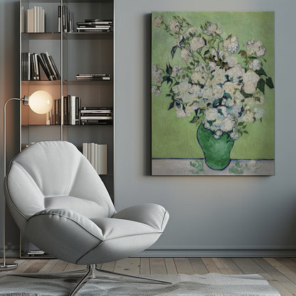 A framed Post-Impressionist painting by Vincent van Gogh of a large bouquet of white roses in a green vase, set against a light green background. The brushstrokes are thick and expressive, characteristic of the artist's style. Poster