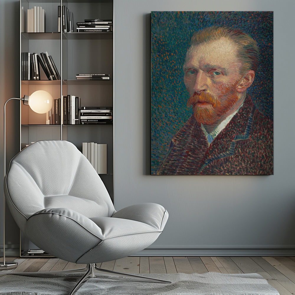A framed Post-Impressionist self-portrait by Vincent van Gogh. He has a red beard and intense green eyes, looking directly at the viewer against a swirling, stippled background of blue and orange. Print