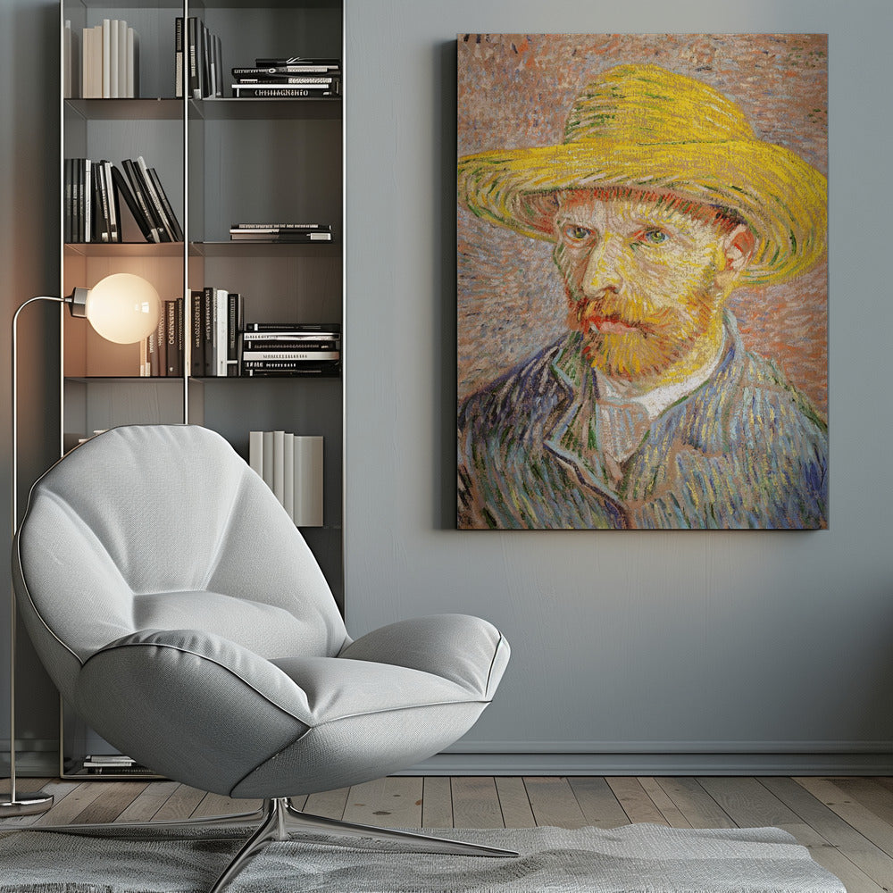 A Post-Impressionist self-portrait by Vincent van Gogh wearing a bright yellow straw hat. The painting features thick, expressive brushstrokes, with the artist's intense gaze directed at the viewer. He has a reddish-blond beard and is wearing a blue jacket against a textured, warm-toned background. Wall Art