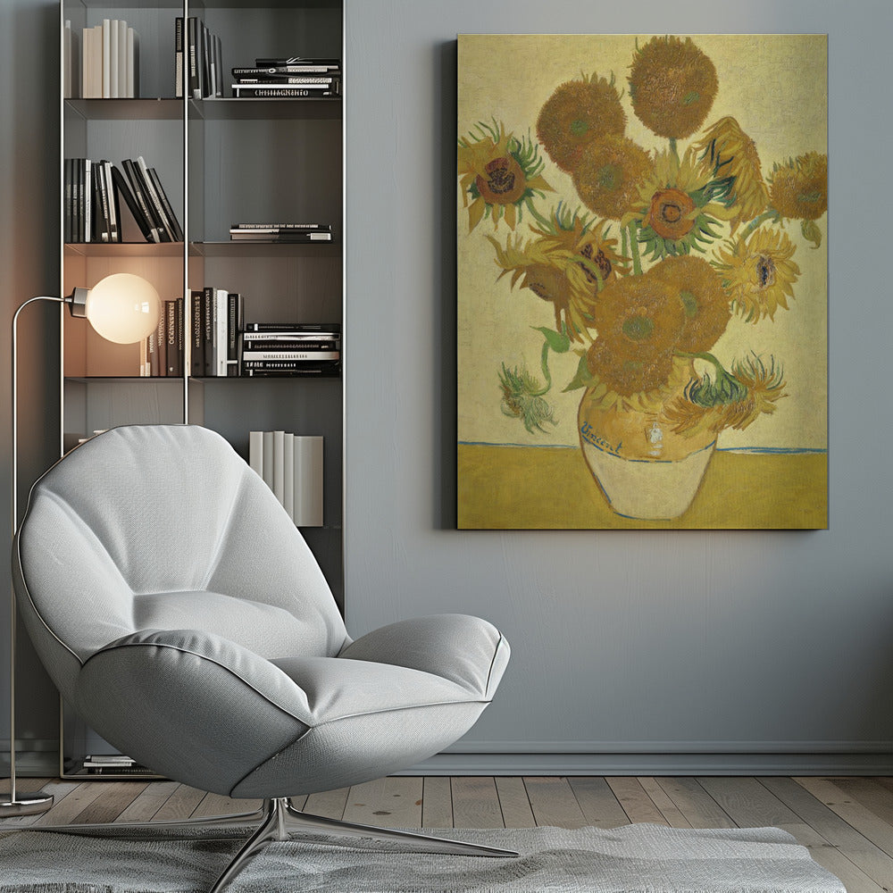 A framed reproduction of Vincent van Gogh's famous 'Sunflowers' painting. It depicts a rustic earthenware vase filled with a bouquet of sunflowers in various stages of life, from full bloom to wilting. The painting is characterized by its vibrant yellow and brown tones and thick, expressive brushstrokes, signature to the post-impressionist style. The artist's name, 'Vincent', is signed on the vase. Decor