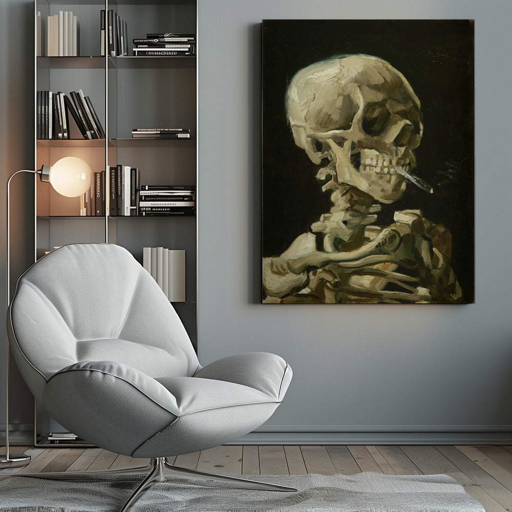 A classic oil painting depicting a human skeleton from the chest up against a stark black background. The skeleton holds a lit cigarette between its teeth, rendered in expressive brushstrokes of beige, white, and brown. Poster