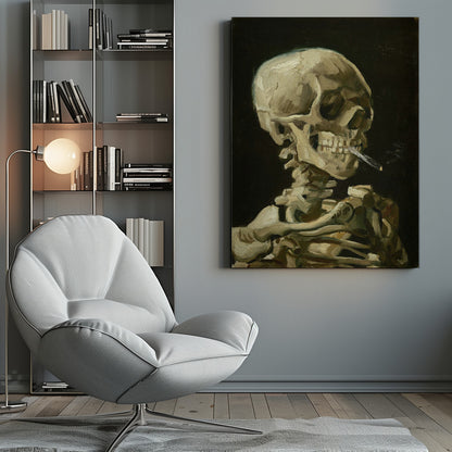 A classic oil painting depicting a human skeleton from the chest up against a stark black background. The skeleton holds a lit cigarette between its teeth, rendered in expressive brushstrokes of beige, white, and brown. Poster