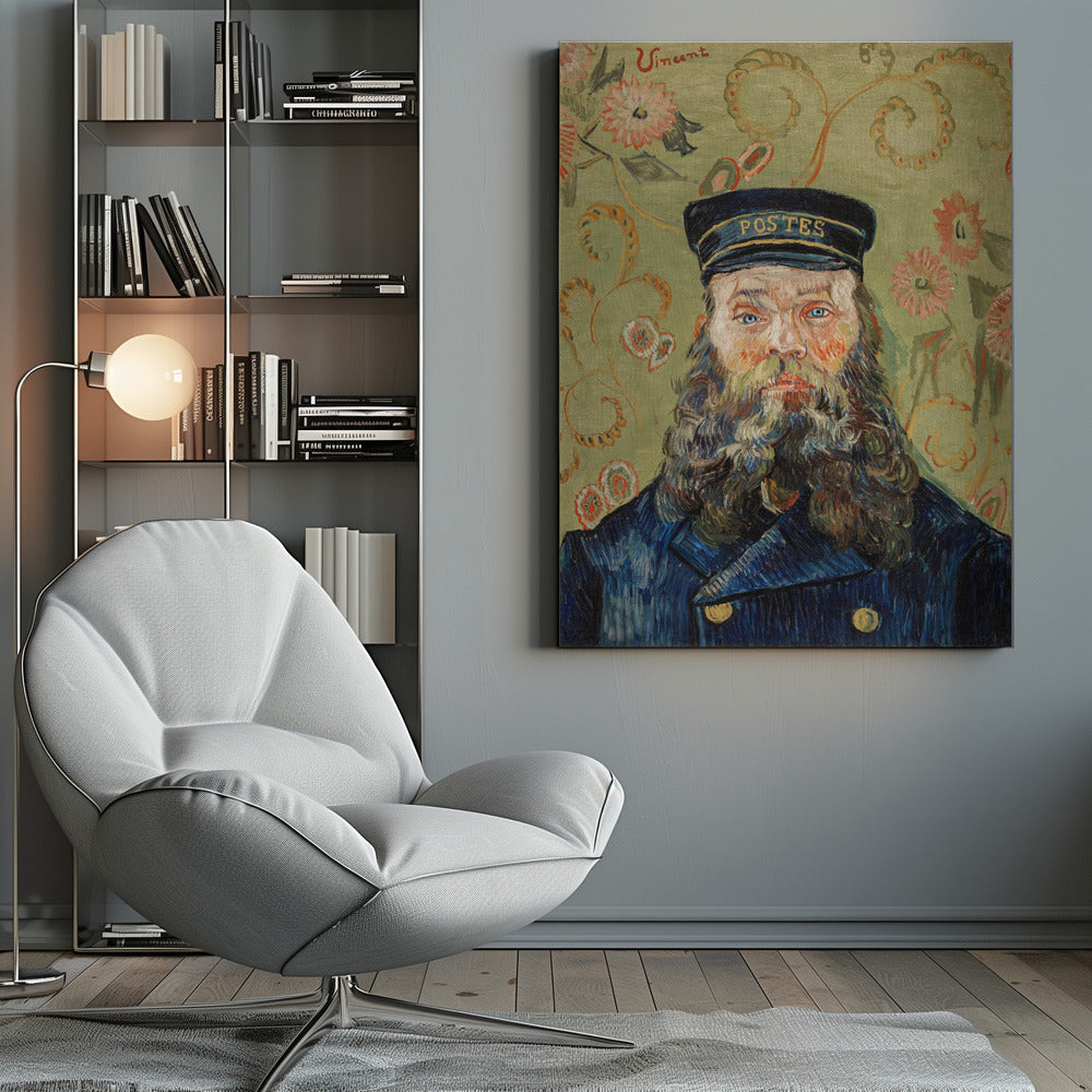A post-impressionist portrait painting by Vincent van Gogh of the postman Joseph Roulin. He has a full beard, blue eyes, and wears a blue uniform and cap against a patterned green and yellow floral background. The artist's signature 'Vincent' is in the top left corner. Wall Art