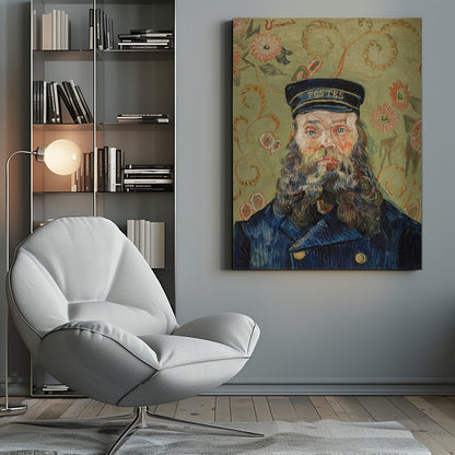 A post-impressionist portrait painting by Vincent van Gogh of the postman Joseph Roulin. He has a full beard, blue eyes, and wears a blue uniform and cap against a patterned green and yellow floral background. The artist's signature 'Vincent' is in the top left corner. Wall Art