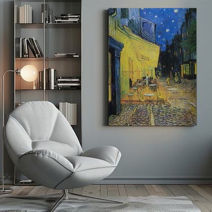 Vincent van Gogh's famous post-impressionist painting, 'Café Terrace at Night,' depicting a brightly illuminated yellow café with outdoor seating on a cobblestone street under a starry deep blue sky. Print