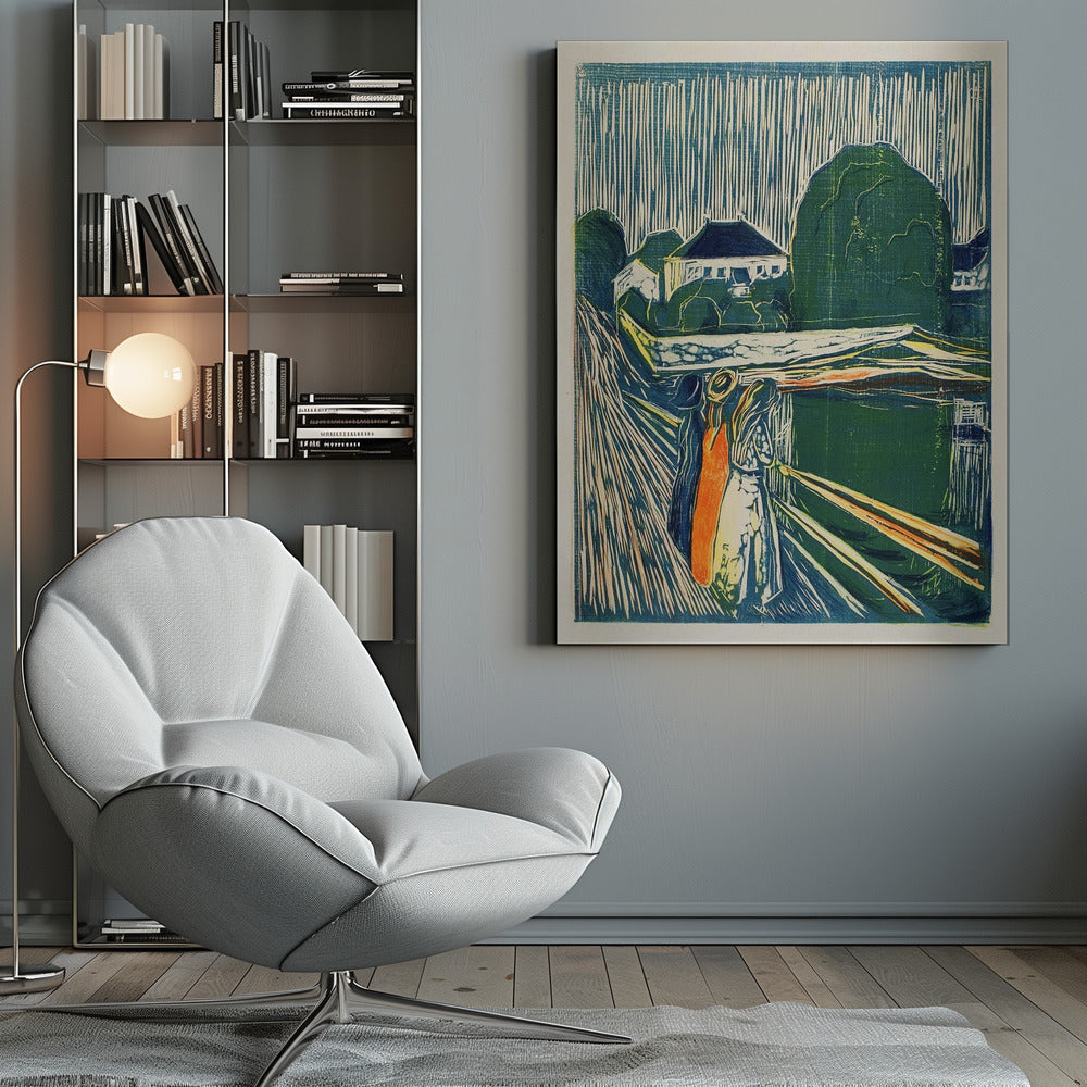 A vintage woodcut print by Edvard Munch titled 'The Girls on the Bridge,' depicting three women standing on a pier in an expressionist style. The artwork uses a palette of deep blues, greens, and cream, with a bold orange dress on one figure, set against a backdrop of houses and a sky with dramatic vertical lines. Wall Art