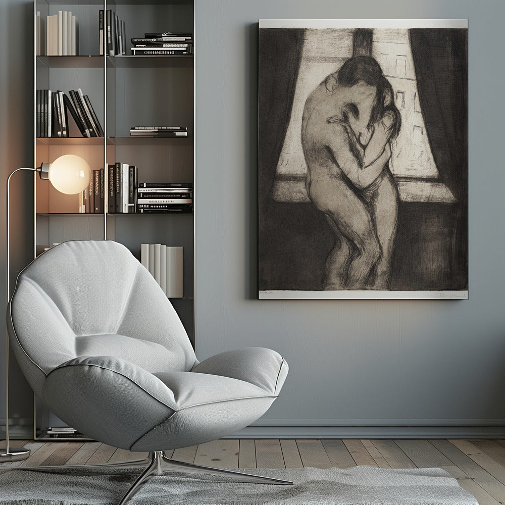 A black and white etching by Edvard Munch titled 'The Kiss,' depicting two nude figures in a passionate embrace, their faces melding into one. They stand before a window with a view of a city, framed by dark curtains, in a highly emotional, expressionistic style. Poster