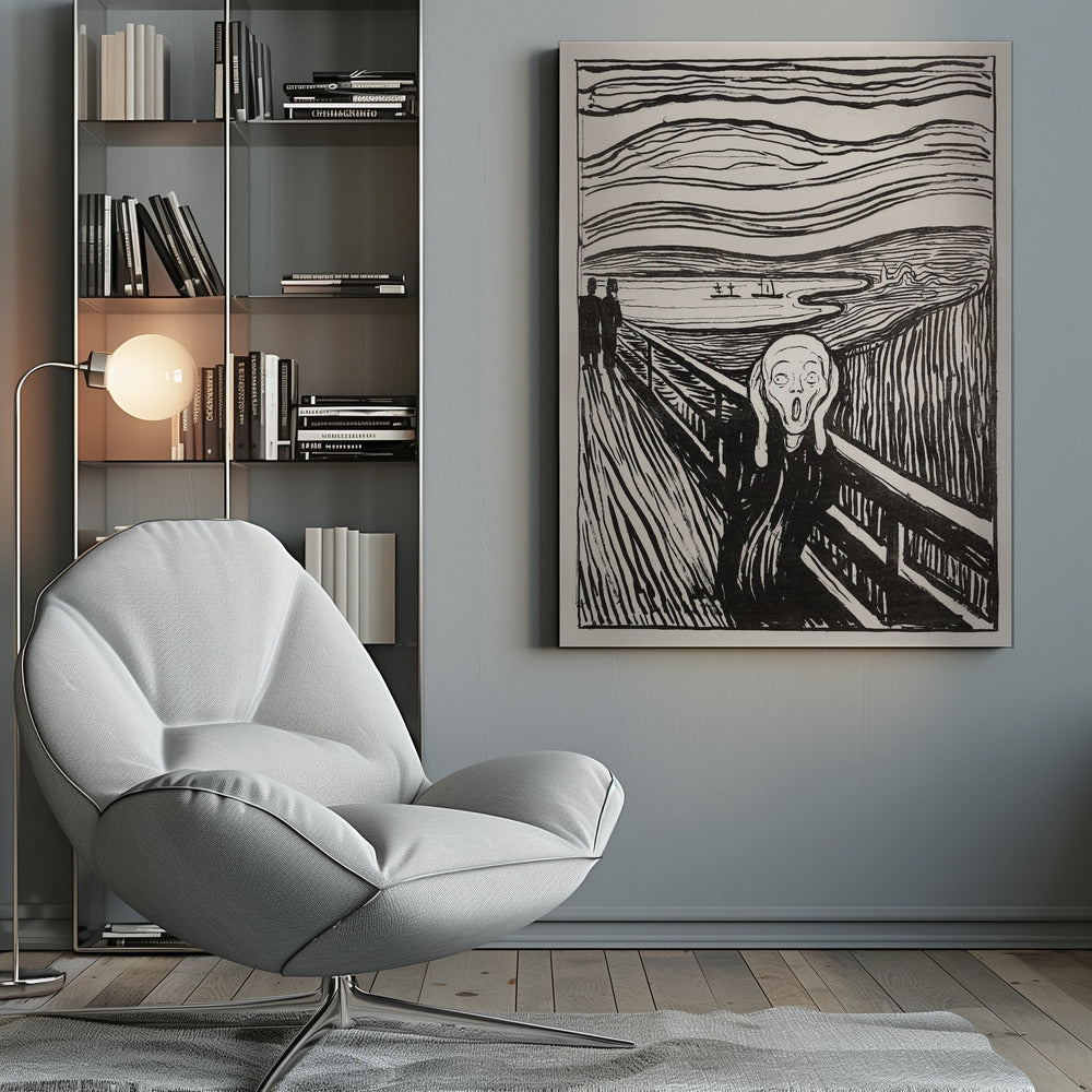 A black and white print of Edvard Munch's famous painting 'The Scream,' featuring a tormented figure on a bridge holding its head with a look of horror. The background consists of swirling lines representing the sky and a fjord, all rendered in a stark, expressionist style and enclosed in a simple black frame. Wall Art