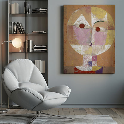 An abstract portrait painting of a stylized head, often identified as Paul Klee's 'Senecio'. The face is composed of geometric blocks of color, including pink, yellow, and white, with two prominent red circles for eyes, all set against a textured, earthy orange and brown background within a black frame. Print