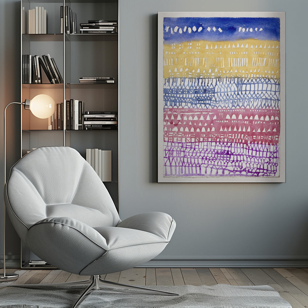 An abstract watercolor painting in a black frame, featuring horizontal bands of color and intricate patterns created using a resist technique. From top to bottom, the bands are deep blue, golden yellow, periwinkle blue, magenta, and purple, each filled with unique geometric shapes like triangles, dashes, and gridwork. Poster