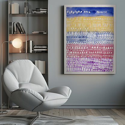 An abstract watercolor painting in a black frame, featuring horizontal bands of color and intricate patterns created using a resist technique. From top to bottom, the bands are deep blue, golden yellow, periwinkle blue, magenta, and purple, each filled with unique geometric shapes like triangles, dashes, and gridwork. Poster