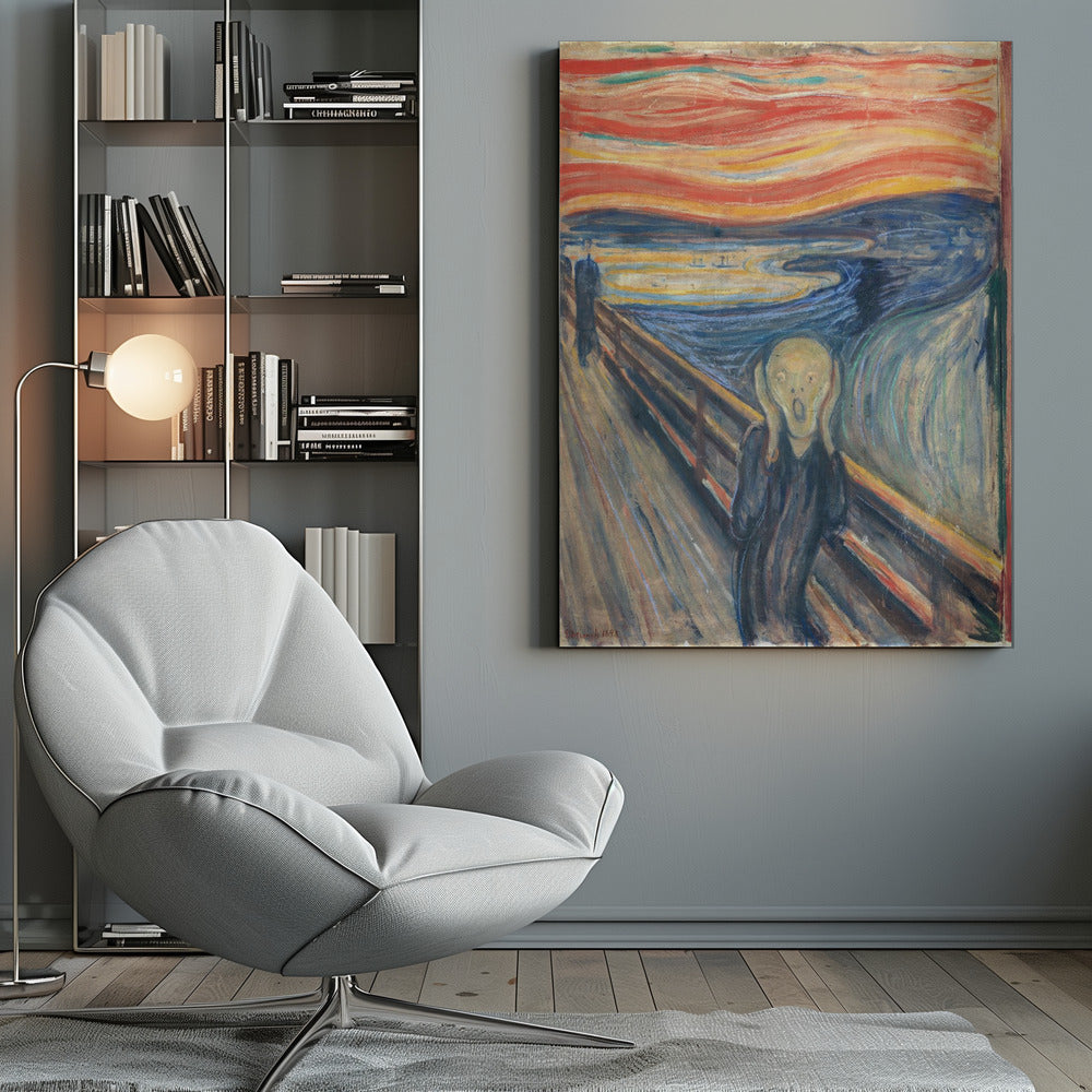 A framed print of Edvard Munch's famous painting 'The Scream,' depicting an anguished figure holding its head and screaming under a swirling, fiery red and orange sky. The figure stands on a bridge overlooking a dark blue fjord, with two distant figures in the background. Decor