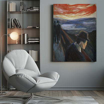 An expressionist painting by Edvard Munch titled 'Despair,' showing a man in a dark hat and coat from behind, leaning on a railing of a bridge under a turbulent red and orange sky. In the background, two other figures walk away, and a somber blue landscape with a fjord is visible. Poster