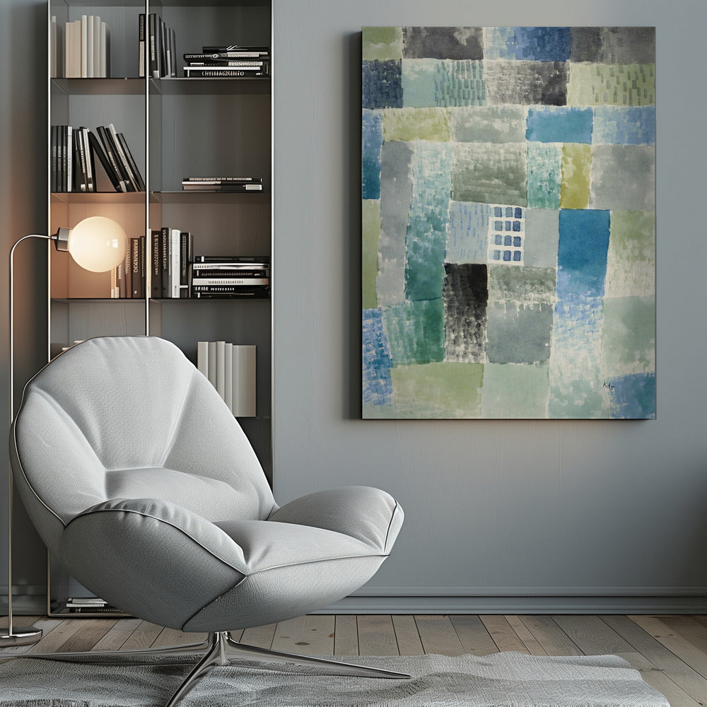 An abstract watercolor painting composed of a grid of rectangular patches in various shades of blue, green, and grey. The patches have a textured, layered appearance, and near the center is a small, distinct grid of blue squares resembling a window. The artist's signature is visible in the bottom right corner. Print