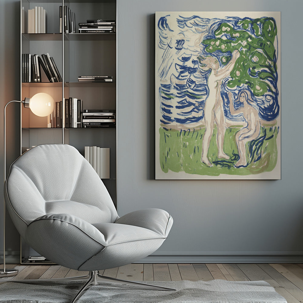 An expressionist woodcut print depicting two nude figures in a stylized natural setting. One figure stands, reaching up into a large green tree with fruit, while the other kneels on the ground. The background consists of a body of water with bold, blue, wavy lines. The artwork uses a limited color palette of blue, green, and pale flesh tones on a cream background. Wall Art