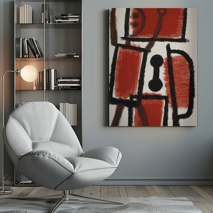 An abstract painting featuring bold, rough black lines that divide a white canvas into sections. Several large sections are filled with a vibrant, textured red paint. In the center is a distinct black dumbbell-like shape. Thinner brown lines cross through the composition, adding another layer to the dynamic, constructivist-style artwork. Print