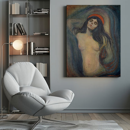 An expressionist painting of a woman, 'Madonna' by Edvard Munch. The woman is shown from the chest up, nude, with long dark hair. Her head is tilted back, eyes closed in a state of ecstasy, and she wears a red halo. The background is a swirling mix of dark blues, purples, and greens. Print