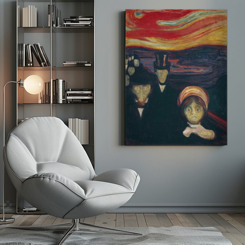A vertical painting by Edvard Munch titled 'Anxiety,' depicting a crowd of pale, ghostly figures with anxious expressions under a turbulent, fiery red and orange sky. The figures in the foreground are dressed in dark formal wear, creating a stark contrast with the vibrant, unsettling sunset. Print