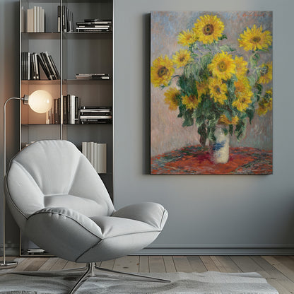 An Impressionist painting by Claude Monet titled 'Bouquet of Sunflowers'. The artwork features a vibrant bouquet of yellow sunflowers in a white and blue patterned vase, set upon a red tablecloth against a muted, textured blue-grey background. The piece is characterized by thick, visible brushstrokes and is displayed in a simple black frame. Poster